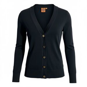 TORY BURCH Simone V Neck Gold Logo Button Down Cardigan Sweater